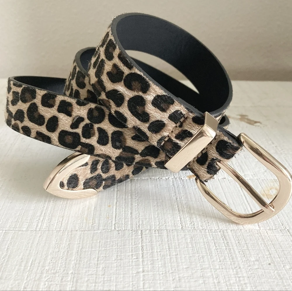 Leopard Faux Calf Hair Belt Gold Buckle Animal Print XL/ 1X Casual